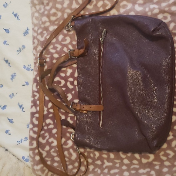 Valentina deep purple leather bag with brown leather handles and strap. - Picture 3 of 5